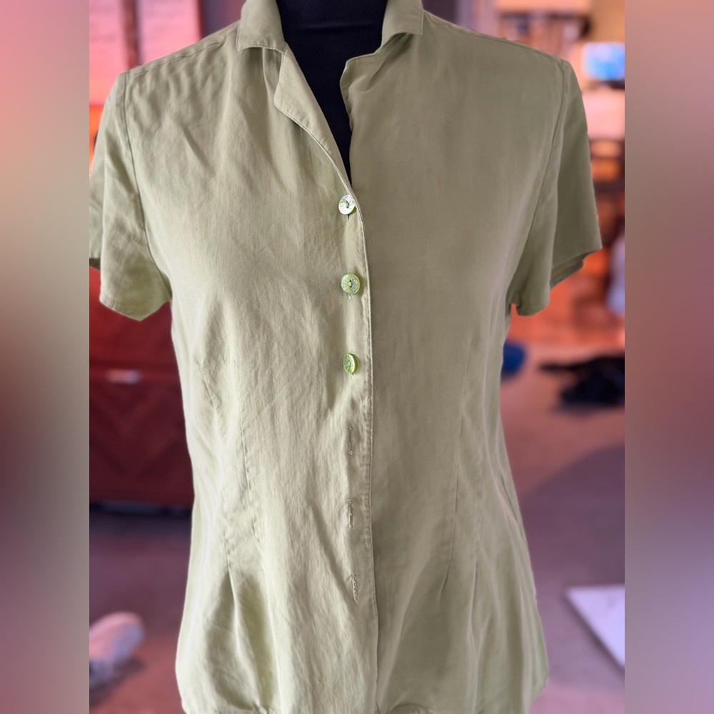 Karen Scott Silk Green Button Up Coastal Casual Spring Summer Top